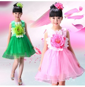 Green pink gradient flowers sleeveless modern dance girls children toddlers school play jazz dance stage performance dresses outfits